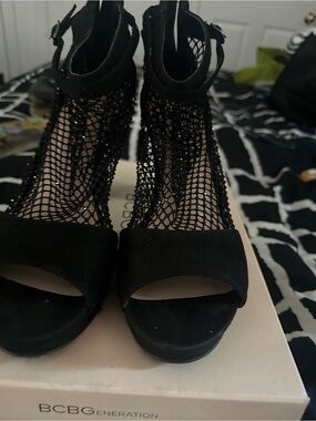 BCBGeneration Black Beaded Mesh Ankle-Strap Platform Heels